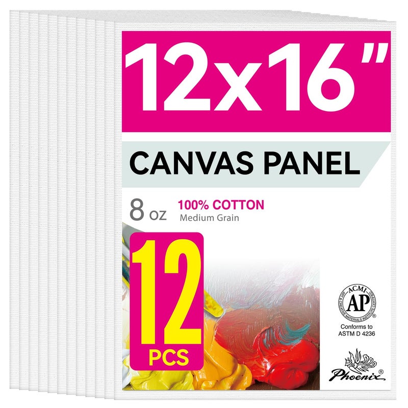 PHOENIX Painting Canvas Panels 12x16 Inch, 12 Value Pack - 8 Oz Triple Primed 100% Cotton Acid Free Canvas Boards for Painting, White Blank Flat Canvas Boards for Acrylic, Oil Paints - Image 1
